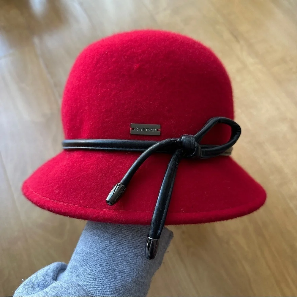 Betmar Women’s Valerina Red Wool Hat with Black Leather Bow